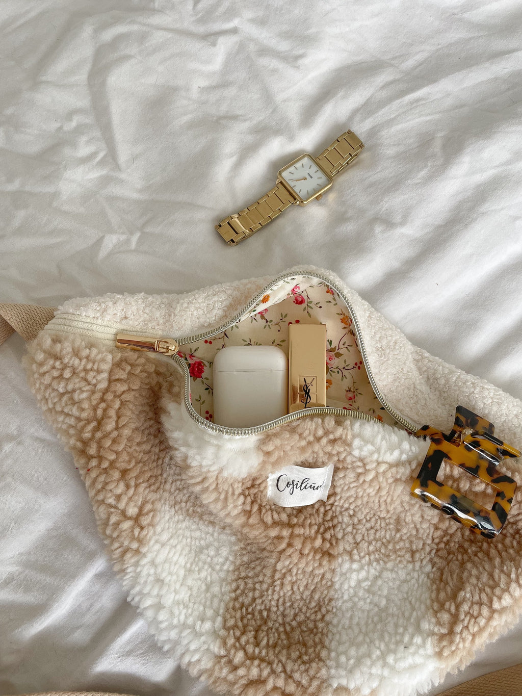 Sac banane mouton carreaux beige